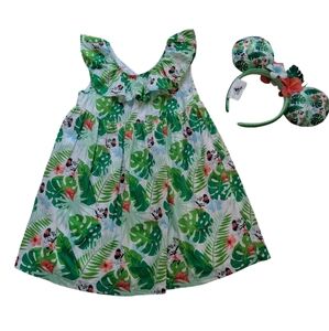 Disney Minnie Mouse Girl’s Tropical Hideaway Green Dress 4Y and Headband Ears